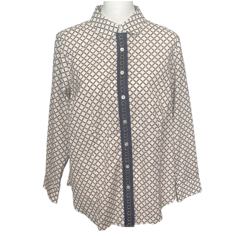 Talbots Plus Size Shirt Women's 14W White & Gold Chainlink Non Iron Button Front